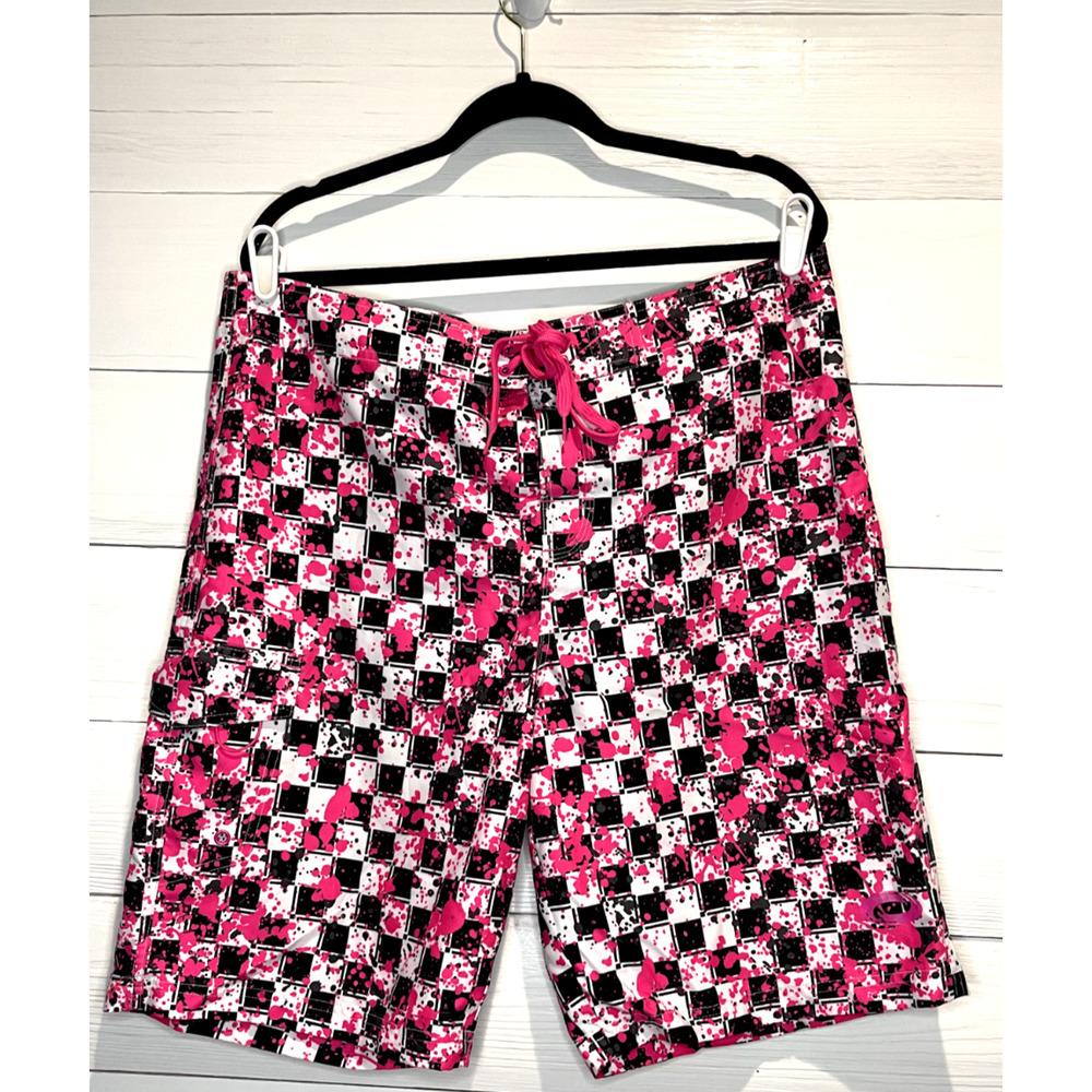 O'rageous Swim Trunks Neon Pink Splatter Paint on Black Checkerboard 80's Vibes